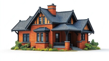 3D model of a suburban bungalow with a sloping roof and detailed brick exterior, isolated on white.