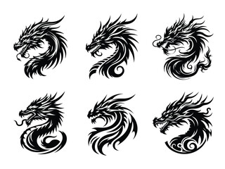 set of dragon head logo silhouette vector art illustration