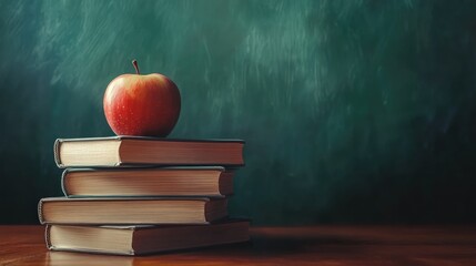 A red apple perched atop a stack of four vintage books against a dark green chalkboard backdrop.