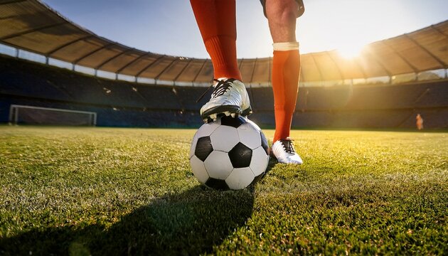 スパイクがボールを蹴る足元、飛び散る芝がサッカーの躍動感を際立たせる。

