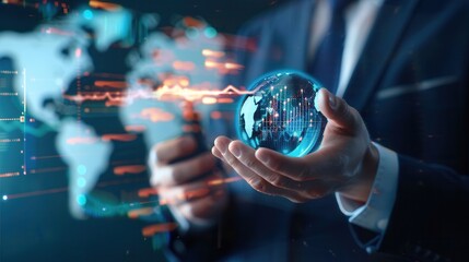 Close-up of a businessman holding a glowing digital globe with financial charts and global economic data overlayed in the background.
