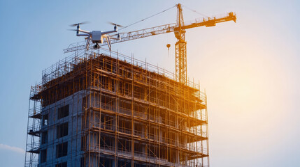 Construction site with scaffolding and drone flying overhead at sunset