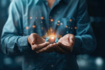 Close-up of hands presenting a glowing digital globe surrounded by financial charts and network connections, symbolizing global data and technology.