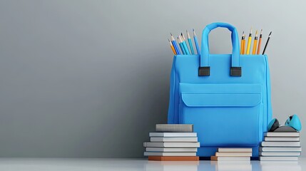 A blue backpack filled with colored pencils next to stacks of books, representing a creative study environment.