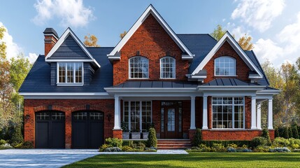 3D model of a suburban family home with brick detailing and a garage, isolated on a white background.