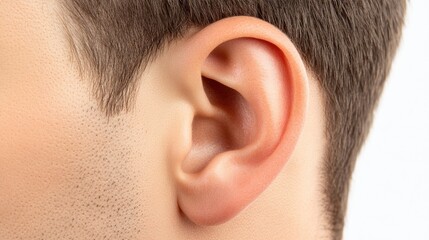 Close-up of a realistic human ear showcasing intricate details against a plain white background, ideal for medical or artistic studies
