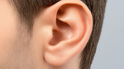 A close-up view of a realistic human ear showcasing intricate details against a plain white background in high resolution