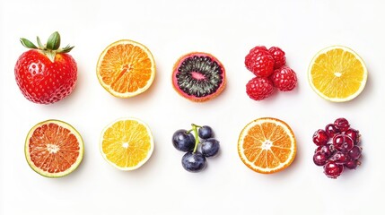 A vibrant arrangement of assorted fruit slices including strawberries, oranges, and berries on a clean white background.
