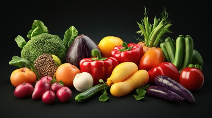A vibrant arrangement of fresh vegetables and fruits on a dark background, showcasing a colorful variety.