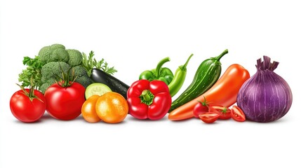 Colorful array of fresh vegetables, featuring tomatoes, peppers, and cucumbers on a white background.