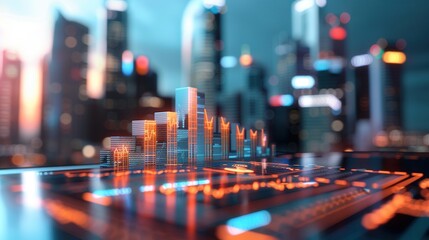 A futuristic holographic city model with glowing digital skyscrapers displayed against a blurred urban skyline at sunset, symbolizing smart cities and innovation.