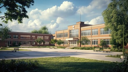 Obraz premium A beautiful brick school building surrounded by lush greenery and a clear sky, creating an inviting academic atmosphere.