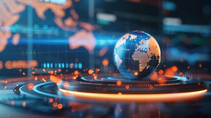 Illuminated digital globe displaying orange data points and global connections, surrounded by high-tech analytics and futuristic interface.