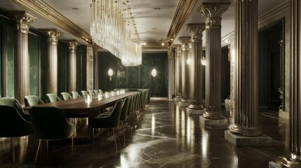 Naklejka premium Elegance Reimagined: Ultra-Detailed Roman-Inspired Dining Room with Wooden Table, Velvet Chairs, and Ornate Chandeliers