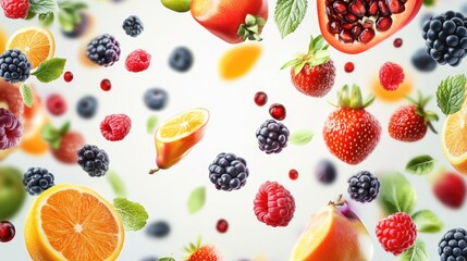 A vibrant assortment of fruits, including berries, pomegranate, and citrus, elegantly floating against a light background.