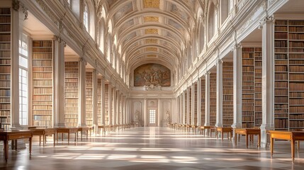 Naklejka premium Grand hall of an old library with white columns and bookshelves.