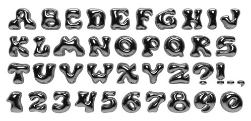 3d chrome rounded font. Bold silver bubble typeface. Metal letters isolated on transparent. Y2K style alphabet. Glossy font. Letters with molten metal effect. Metallic, fluid surface with reflections
