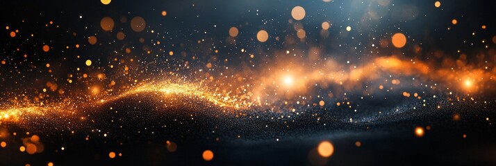 Golden particles floating and flowing over a dark wavy surface with bokeh effect, creating a magical and festive atmosphere