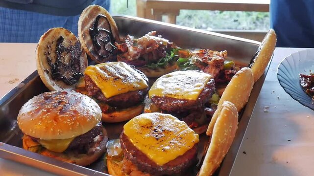 Making burgers and hamburgers outdoor. 
