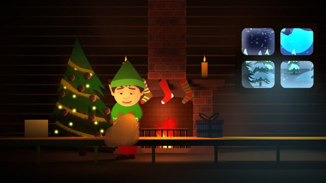 Elf Is Wrapping Gift Boxes Placed On Conveyor Belt In The Old Wooden Cottage Warm Room With Illuminated Christmas Tree And Fireplace