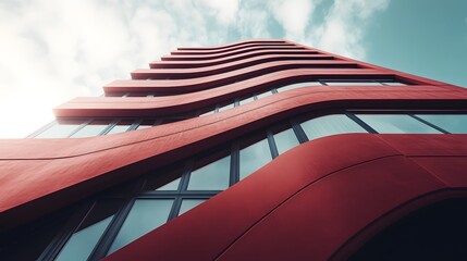 Low angle view of a red modern building with a curved facade against a blue sky.