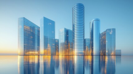 Modern skyscrapers of a smart city, futuristic financial district, graphic perspective of buildings and reflections - Architectural blue background for corporate and business brochure template