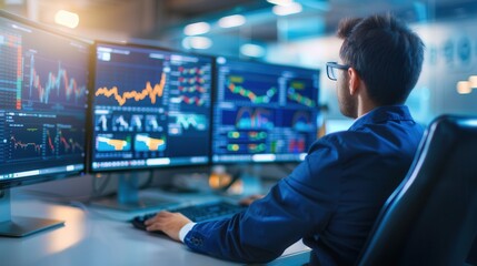 A financial analyst or trader monitoring multiple screens displaying stock charts and market data in a modern office environment.