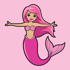 Cute Mermaid Illustration with Long Pink Hair