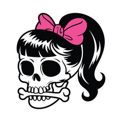 Skull with Pink Bow and Ponytail Hair Illustration Design
