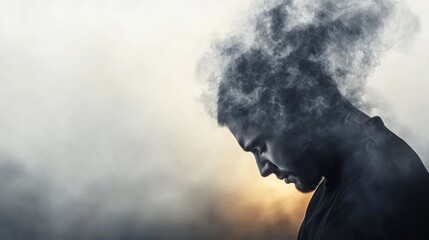 Conceptual portrait, man with smoke cloud symbolizing thoughts and inner world