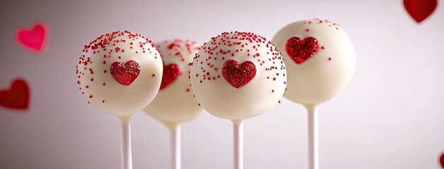 Delicious white chocolate cake pops decorated with red glitter and hearts, perfect for a Valentine's Day celebration