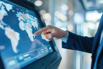 Close-up of a businessman pointing at a digital map on a touchscreen, symbolizing global data analysis, business, and technology.