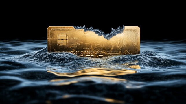 Golden credit card floating on tranquil blue water, a serene visual of finance and luxury