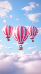 Naklejka premium Three colorful hot air balloons soar through a dreamy sky in a vibrant backdrop of red and white stripes transitioning to blue