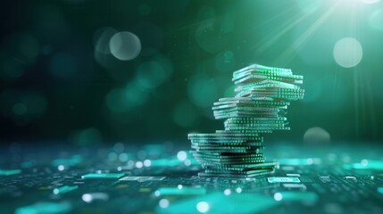 A futuristic representation of digital currency stacks made of binary code, glowing green, symbolizing cryptocurrency and blockchain technology.