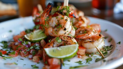 Tantalizing grilled shrimp skewered with salsa and lime