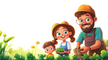 Fototapeta premium Happy Family Gardening Together in a Colorful Cartoon Style, Enjoying Quality Time While Cultivating Fresh Vegetables in a Bright Sunny Environment