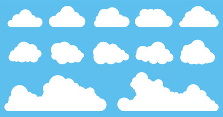 Simple cloudy shapes. Set of flat cloud, fluffy and cumulus clouds in blue sky