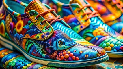 Fototapeta premium Captivating Dolphin Shoes in Macro Photography: A Close-Up Look at the Unique Texture and Vibrant Colors of Trendy Aquatic-Inspired Footwear for Fashion Enthusiasts