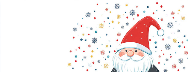 wide panoramic Christmas cover illustration with funny gnome with red hat and white beard at the side, blank copy space for custom texts 