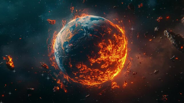 Giant planet exploding in space burning in the space video footage.