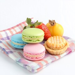 Picnic foods of pastel macarons and fruit tarts are arranged on a pastel picnic cloth, isolated on white.
