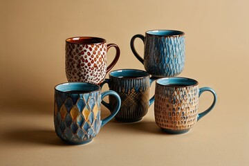 Stylish Ceramic Mugs for Hot Drinks Displayed on Beige Background