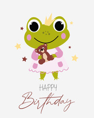 Vector cute children birthday card with little girl frog. Vector illustration of cute little frogs.