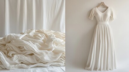 Soft white fabric drapes and a flowing dress create a serene atmosphere in a minimalistic setting with gentle lighting