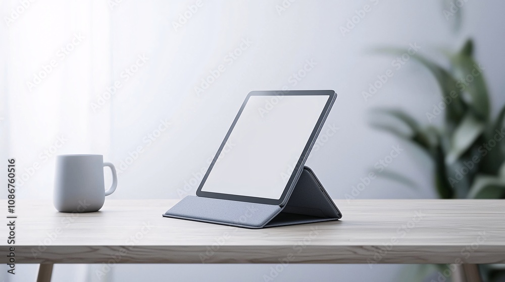 Poster realistic product mockup of a tablet prototype on a desk with a clean background and ample space for