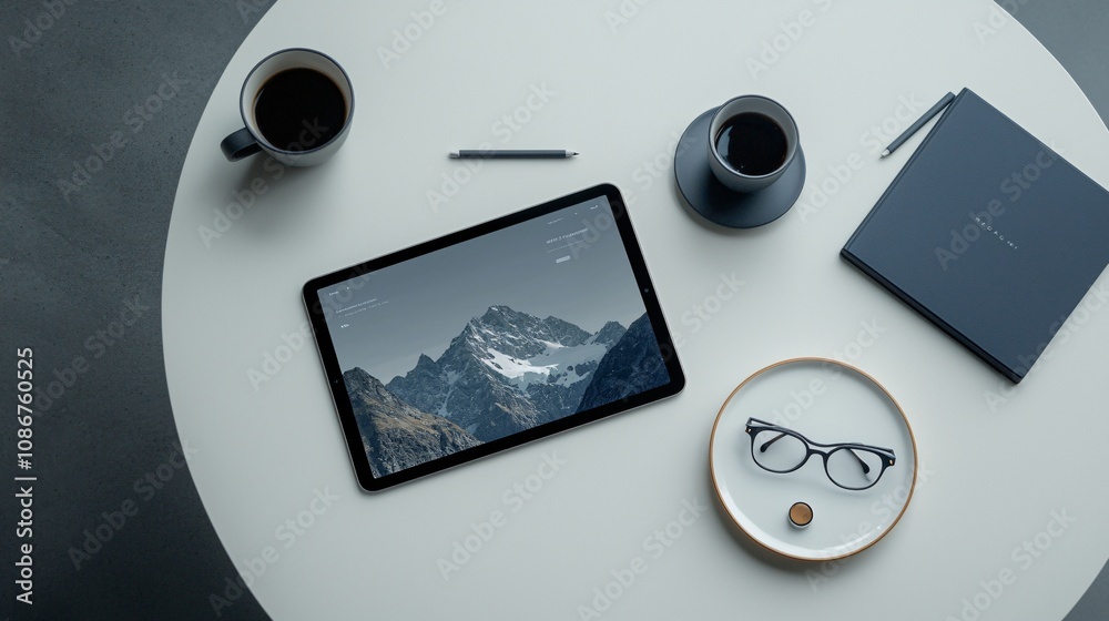 Poster realistic product mockup of a tablet prototype on a desk with a clean background and ample space for