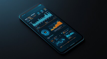 Modern digital prototype mockup of a mobile app interface with sleek, minimalist design and interactive elements, displayed on a black background with ample copyspace