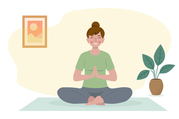 Vector illustration of woman sitting in lotus pose while practicing yoga at home on white background. design embodies wellness and mindfulness, ideal for health and relaxation themes.