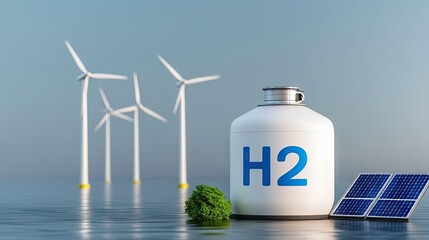 Innovative green energy solution with H2 gas tank, wind turbines, and solar panels in a serene natural landscape